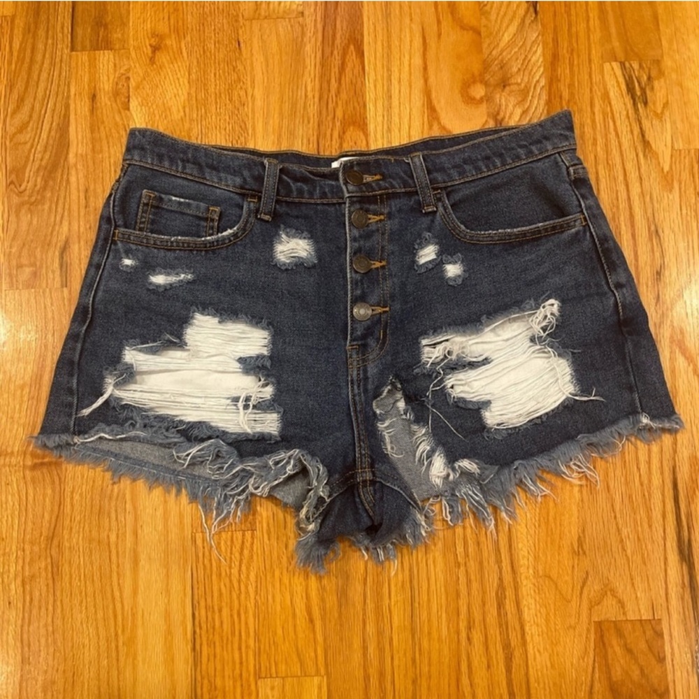Cello dark washed destroyed cut off denim shorts